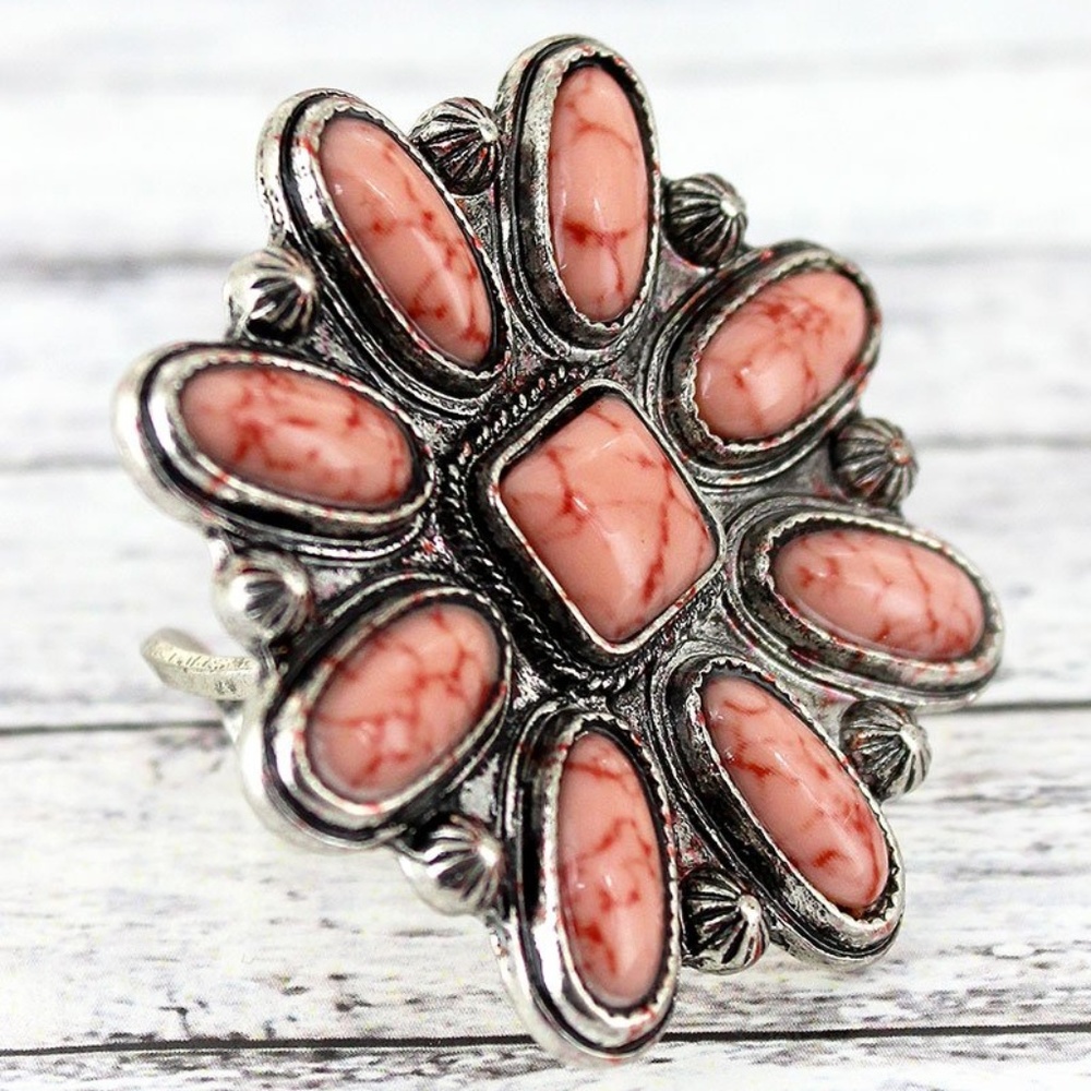 PINK BEADED BURNISHED SILVERTONE WESTERN FLWR RING